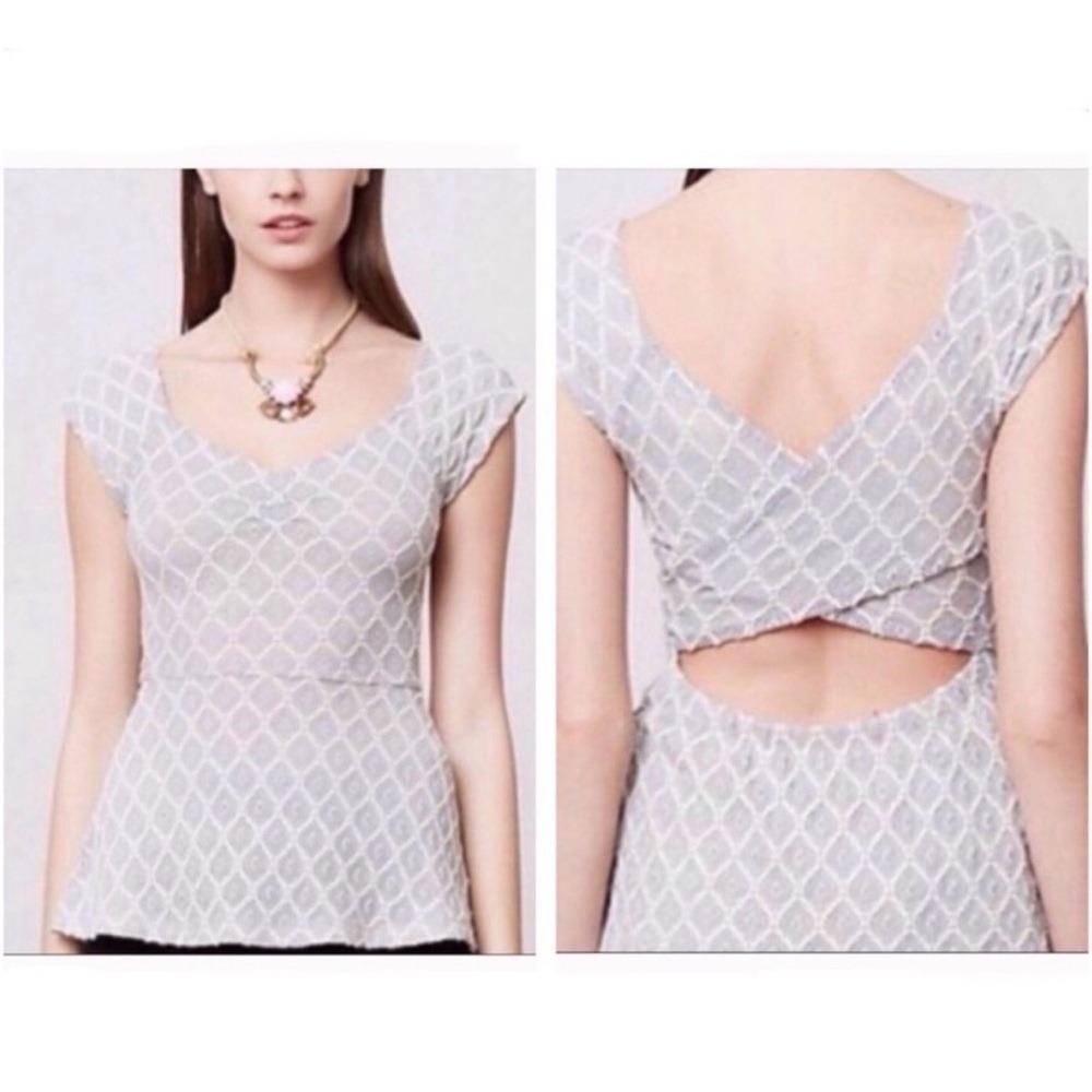 Deletta Anthropologie Diamond Lace Peplum Top Women Size M Gray Back Cutout